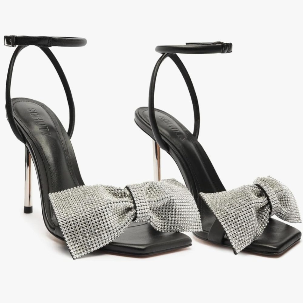 Schutz Black and Silver Heels with Glitter Bow Leather Sandals, Size 9B - Picture 1 of 12